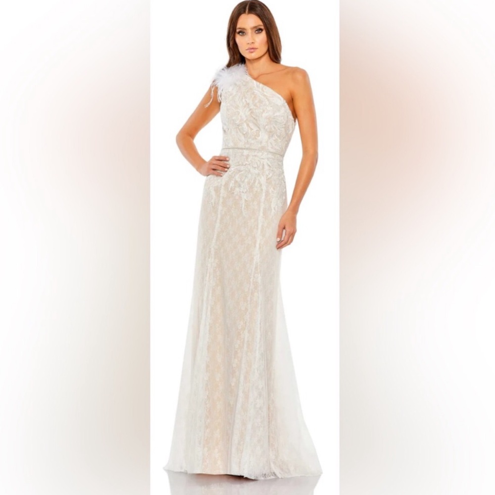 Mac Duggal lace embellished feathered one shoulder gown